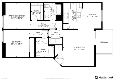 Floor plan for 2 beds, 2 baths, 1051 sqft